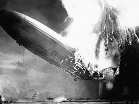 The German giant airship Zeppelin "Hindenburg" explodes in a ball of fire as she came in to land in New Jersey during the night of May 6, 1937, killing 36. The cause of the fire is unknown, but it is believed it may have been cause by static electricity igniting her hydrogen gas as she approached the mooring mast after a thunderstorm. AFP via Getty Images