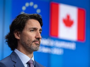 Justin Trudeau, Canada's prime minister, pauses during a news conference following a European Union (EU) and Canada summit in Brussels, Belgium, on Tuesday, June 15, 2021.
