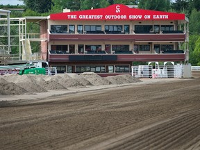 Fresh dirt is piled in the infield area next to the graded track at Stampede Park on Tuesday, June 8, 2021.