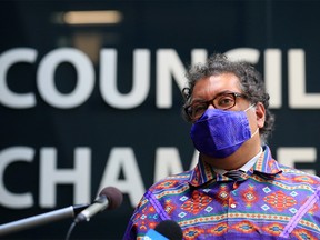 Calgary Mayor Naheed Nenshi was photographed outside council chambers during a break in debate on when to lift mandatory masking bylaws on Monday, June 21, 2021.