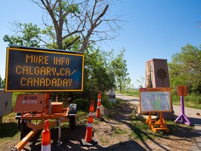 Signage explains the closure of an area of Tom Campbell’s Hill for planned Canada Day fireworks on Monday, June 28, 2021. There has been some calling for the cancellation of Canada Day celebrations in the wake of the discovery of hundreds of unmarked children’s graves at former residential school sites.