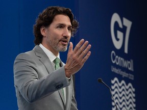 Canadian Prime Minister Justin Trudeau responds to a question during a news conference at Tregenna Castle following the G7 Summit in St. Ives, Cornwall, England, on Sunday, June 13, 2021.