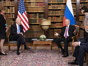 U.S. President Joe Biden, left, and Vladimir Putin, Russia's president, at the U.S. Russia summit at Villa La Grange in Geneva, Switzerland, on Wednesday, June 16, 2021.