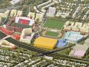 Conceptual plan showing an indoor field house (orange building) and upgrades to McMahon Stadium. 