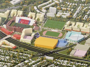 Conceptual plan showing an indoor fieldhouse (orange building) and upgrades to McMahon Stadium.