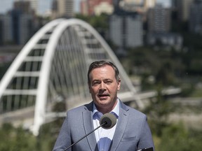 Premier Jason Kenney announces the lifting of COVID-19 restrictions in Alberta on July 1 at a press conference in Edmonton on Friday, June 18, 2021.