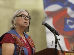Audrey Poitras, president of the Métis Nation of Alberta, speaks during the Métis Week commemoration of the anniversary of Mr. Riel's execution in 1885 at the Alberta Legislature in Edmonton, Alberta on Wednesday, November 16, 2016.