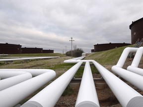 Pipelines run to Enbridge Inc.'s crude oil storage tanks at their tank farm in Cushing, Oklahoma. The pipeline company won a victory over a 116-mile (187-km) pipeline from Pennsylvania to New Jersey.