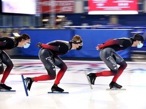 Speed-skaters are back in action at the Olympic Oval in Calgary after the COVID-19 pandemic and mechanical issues forced an extended break.