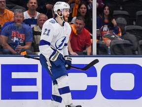 Jun 19, 2021; Uniondale, New York, USA; Tampa Bay Lightning center Brayden Point (21) celebrates his goal against the New York Islanders during the third period in game four of the 2021 Stanley Cup Semifinals at Nassau Veterans Memorial Coliseum. Mandatory Credit: Dennis Schneidler-USA TODAY Sports ORG XMIT: IMAGN-453251
