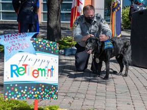 The Calgary Police Service held a retirement ceremony for Hawk, the service's first victim assistance dog, on Friday, June 18, 2021. Courtesy/Calgary Police Service