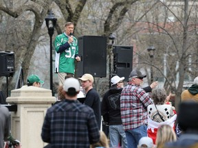 A small gathering of people breaking the current health order gathered in Victoria Park in Regina on Saturday, May 8, 2021.  Maxime Bernier, former Harper cabinet minister and current leader of the People's Party of Canada, wore a Roughriders jersey as he spoke at the event.