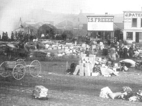 I.S Freeze's store survived Calgary's great fire of 1886. This photo shows the aftermath of the fire, looking north along 9th Avenue (called Atlantic Avenue in those days.) Photo from the book Calgary 1875-1975 published by the Calgary Herald.