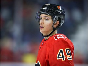 Calgary Flames prospect Jakob Pelletier takes warmup before facing the Vancouver Canucks during pre-season NHL hockey in this photo from September 2019.