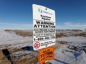 The route of the Keystone XL crude oil pipeline lies idle through a farmer's field after construction stopped near Oyen, Alberta.