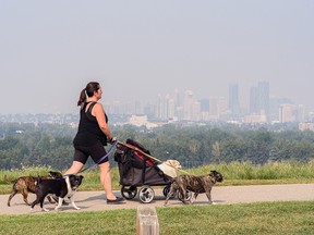 A woman walks her dogs along in Valleyview Park with Calgary's hazy skyline in the background. Smoke from wildfires in B.C. is expected to hang over the city into next week.