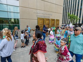 People from all backgrounds join in an inter-tribal dance to show support for the Ayoungman family while a verdict hearing is being held on Monday, July 26, 2021 for the trial of  Brandon Giffen who shot Kristian Ayoungman to death in March 2019.
