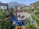 Revitalized Bear Street in Banff, where pedestrians, cars, and bicyclists are equal users of the street.  It was designed with energy efficient street lighting, bike racks, 37 new planters with public seating plus numerous benches and Adirondack chairs, a fireplace, and plenty of patio areas for restaurants and cafes. 