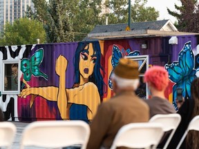 Pictured is While We Were Young, one of three graffiti murals painted by 10 youth artists who took part in a mural camp hosted by Antyx Arts and Springboard Performance, during a showcase at ContainR Art Park on July 28, 2021. Azin Ghaffari/Postmedia