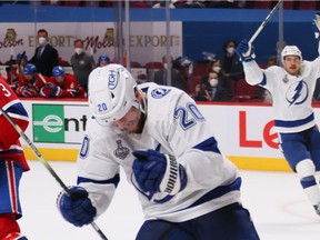 Blake Coleman #20 of the Tampa Bay Lightning celebrates after scoring an empty-net goal against the Montreal Canadiens during the third period in Game Three of the 2021 NHL Stanley Cup Final at Bell Centre on July 02, 2021 in Montreal, Quebec, Canada.
