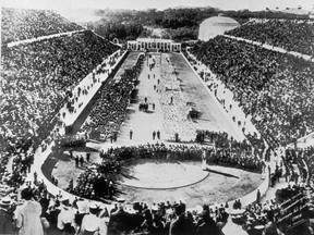 The modern Olympics are born! Opening Ceremony in the Panathinaiko Stadium (also known as Panathenaic) for the 1896 Olympics in Greece. Postmedia archives.