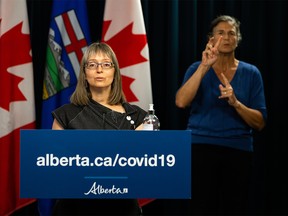 Alberta chief medical officer of health Dr. Deena Hinshaw gives a COVID-19 pandemic update from the media room at the Alberta Legislature in Edmonton, on Wednesday, July 28, 2021.