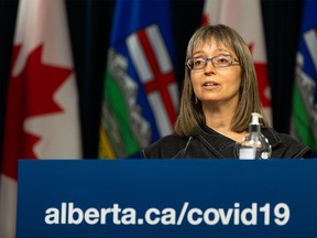 Alberta chief medical officer of health Dr. Deena Hinshaw gives a COVID-19 pandemic update from the media room at the Alberta Legislature in Edmonton, on Wednesday, July 28, 2021.