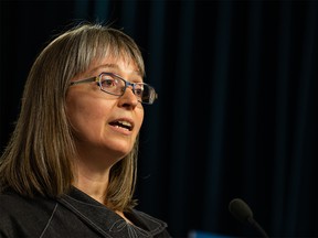 Alberta chief medical officer of health Dr. Deena Hinshaw gives a COVID-19 pandemic update from the media room at the Alberta Legislature in Edmonton, on Wednesday, July 28, 2021.