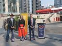 Stampede Park.  Project team representatives Jim Laurendeau, Vice President, Park Planning and Development, Kate Thompson, CMLC President and CEO, Chris Jordan, Manager Service Design, Calgary Transit present as officials break ground on the new development on the west side of Stampede Park in Calgary on Thursday, 22 July 2021. 