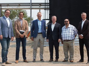 Environment and Parks Minister Jason Nixon alongside George Wadsworth (CEO, Canary Biofuels); Nathan Neudorf (MLA for Lethbridge-East); Grant Hunter (MLA for Taber-Warner); Lorne Hickey (Reeve, Lethbridge County); and Steve MacDonald (CEO, Emissions Reduction Alberta)