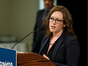 Minister of Children's Services Rebecca Schulz speaks during a COVID-19 coronavirus pandemic provincial briefing at the Federal Building in Edmonton, on Wednesday, April 1, 2020.