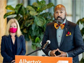 NDP Leader Rachel Notley, left, and NDP health critic David Shepherd at a news conference in Edmonton on July 6, 2021.