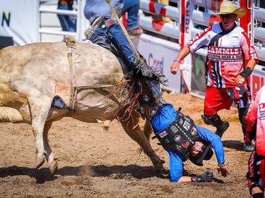 Cody Coverchuk of Meadow Lake, SK,is tossed from a bull called Chicago Gangster during the bull-riding event at the Calgary Stampede rodeo on Monday, July 12, 2021. Al Charest / Postmedia