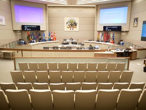 Calgary city council chambers were photographed during the council vote to rescind the mandatory masking bylaw in the city. Mandatory masking for transit and inside city owned and operated facilities will remain for the time being. Council voted on Monday, July 5, 2021.