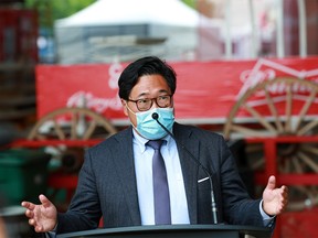 Dr. Jia Hu, public health physician and advisor to the Calgary Stampede briefs media on Tuesday, July 6, 2021. Hu has helped create a video that hopes to address vaccine hesitancy.