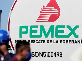 FILE PHOTO: A logo of Mexican state oil firm Pemex is pictured at Cadereyta refinery, in Cadereyta, on the outskirts of Monterrey, Mexico, August 27, 2020.