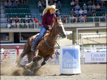 Lynette Brodoway from Brooks,AB, during the Ladies Barrel Racing event on day 4 of the 2021 Calgary Stampede rodeo on Monday, July 12, 2021. Darren Makowichuk/Postmedia