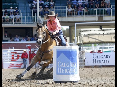 Vanessa Leggett from Kamloops, BC, during the Ladies Barrel Racing event on day 4 of the 2021 Calgary Stampede rodeo on Monday, July 12, 2021. Darren Makowichuk/Postmedia