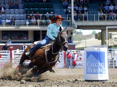 Lacey Caldas from Exshaw, AB, during the Ladies Barrel Racing event on day 4 of the 2021 Calgary Stampede rodeo on Monday, July 12, 2021. Darren Makowichuk/Postmedia