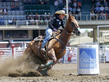 Val Gillespie from Finnigan, AB, during the Ladies Barrel Racing event on day 4 of the 2021 Calgary Stampede rodeo on Monday, July 12, 2021. Darren Makowichuk/Postmedia