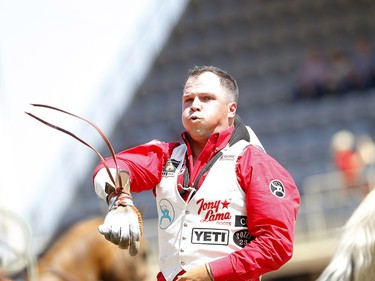 Richmond Champion from Stevensville, MT, riding Make Up Face during the Bareback event on day 4 of the 2021 Calgary Stampede rodeo on Monday, July 12, 2021. Darren Makowichuk/Postmedia