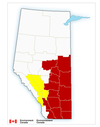 The yellow sections of the map show areas under a severe thunderstorm watch, while the red areas are under a heat warning.