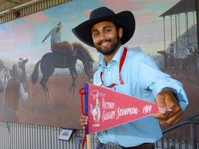 Navi Hari gives historical tours at the Calgary Stampede on Tuesday, July 13, 2021.
