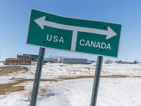 The road that runs along the border between Sweetgrass, Montana, to the left and Coutts, Alberta, to the right.