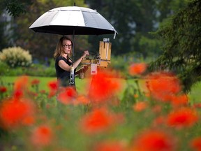 Calgary artist Larisa Nikonova paints the poppies in Riley Park on Wednesday, July 28, 2021.