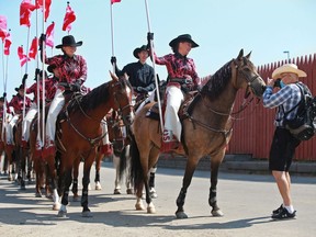 A visitor gets up close and personal with a Calgary Stampede Showriders horse as they wait to perform at the Calgary Stampede on Saturday, July 17, 2021.