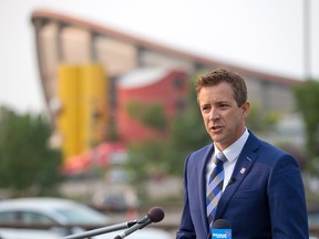 Calgary Ward 6 Coun. Jeff Davison addresses the third-party advertiser controversy in his mayoral campaign during a press conference on Wednesday, July 28, 2021.