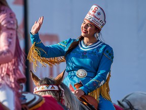 First Nations Princess Falon Manywounds rides in the Calgary Stampede parade on Friday, July 9, 2021.