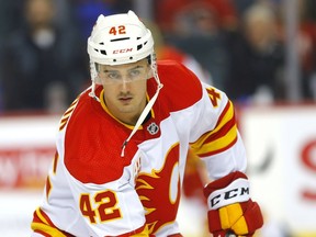 The Calgary Flames’ Glenn Gawdin during warm-up before taking on the Anaheim Ducks at the Scotiabank Saddledome in Calgary on Feb. 17, 2020.