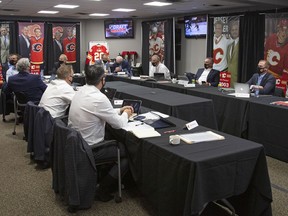 The Calgary Flames management and scouts during the 2020 NHL Draft. Photo courtesy of the Calgary Flames